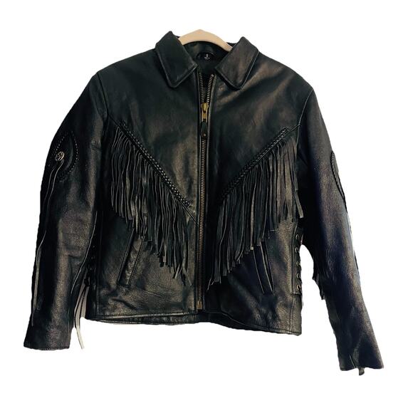 Vintage Black Leather Motorcycle Biker Jacket Women's Sz Small Fringe Western - Picture 2 of 14